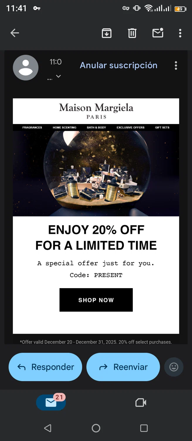 Maison Margiela promo code screenshot showing code Present applied at Maison Margiela checkout page. Uploaded by SimplyCodes community member jimmytheis on Dec 21, 2025