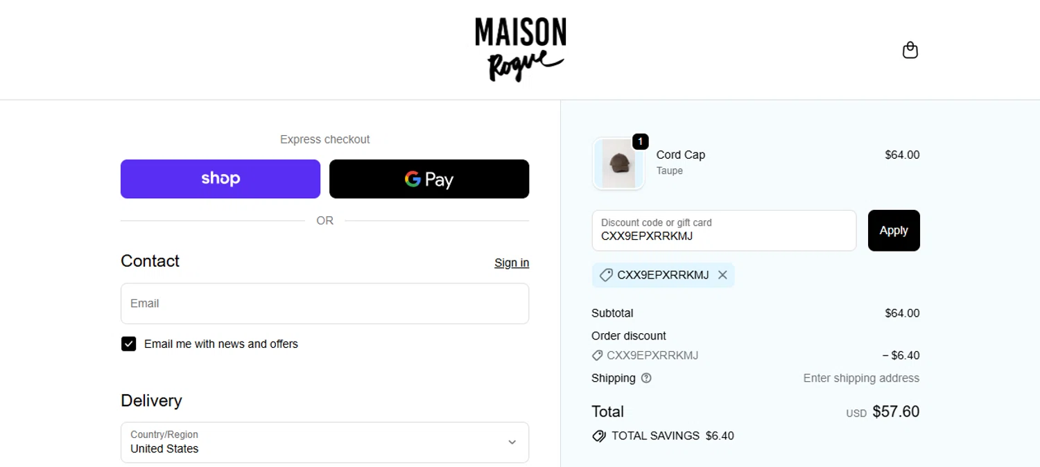 Maison Rogue promo code screenshot showing code CXX9EPXRRKMJ applied at Maison Rogue checkout page. Uploaded by SimplyCodes community member JesusCaballero on Oct 27, 2025