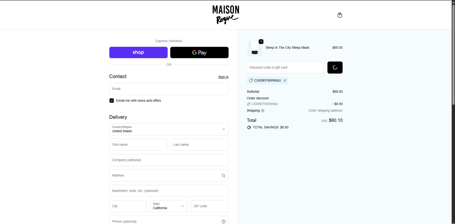 Maison Rogue promo code screenshot showing code CXX9EPXRRKMJ applied at Maison Rogue checkout page. Uploaded by SimplyCodes community member TreasureHero9595 on Nov 25, 2025