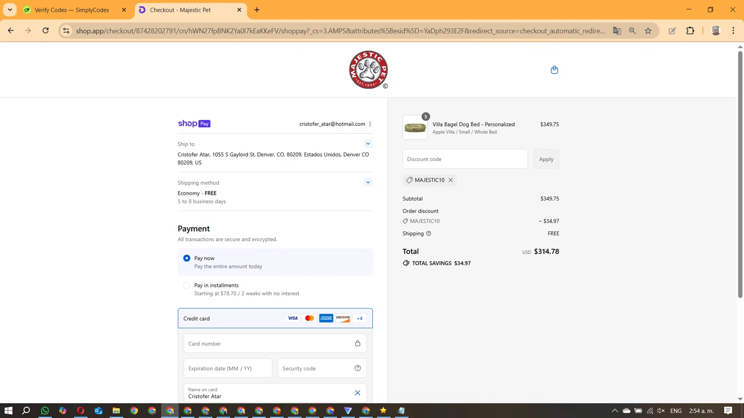 Majestic Pet coupon code screenshot showing code MAJESTIC10 applied at Majestic Pet checkout page. Uploaded by SimplyCodes community member ManuelF on Aug 23, 2025
