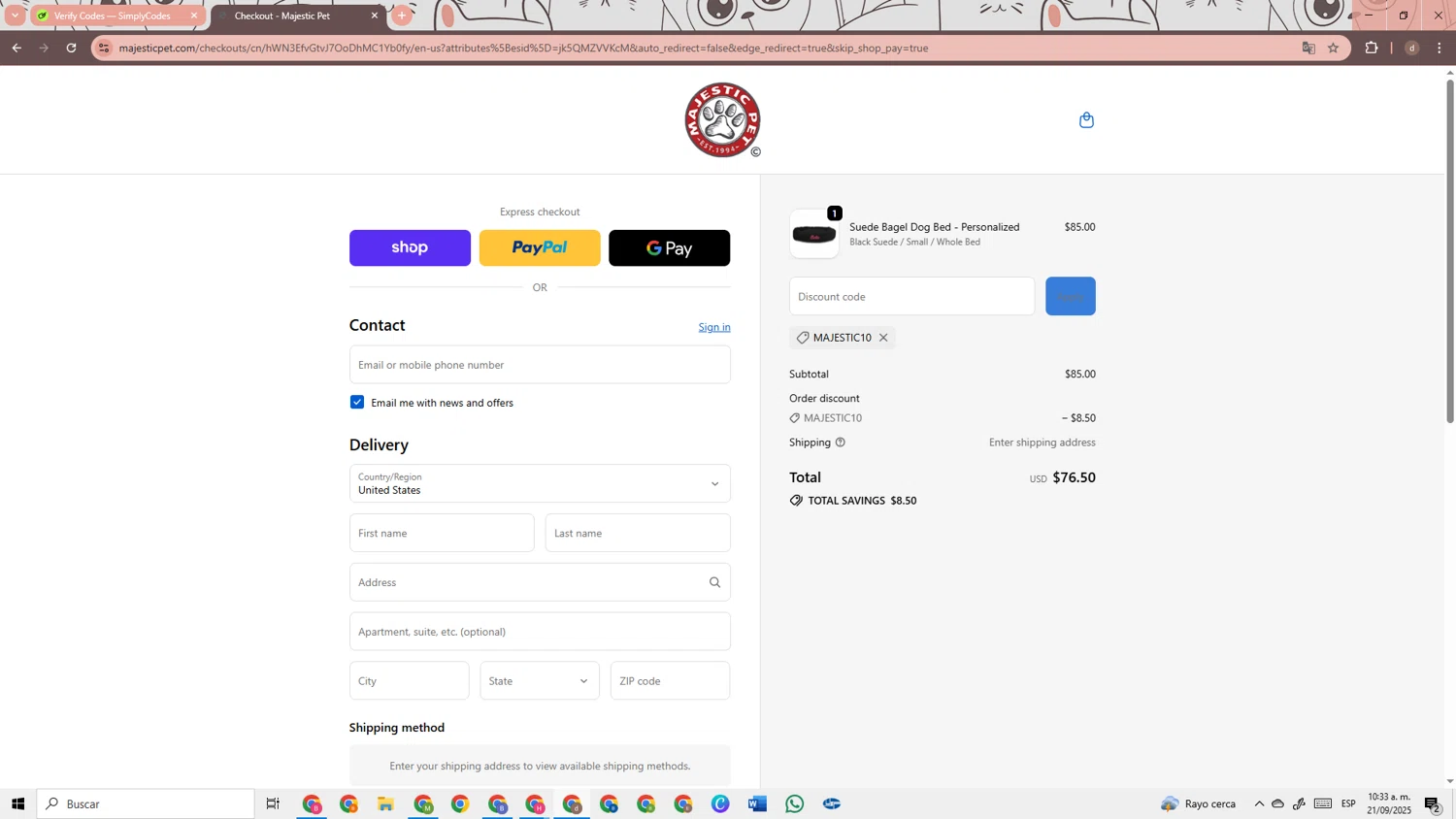 Majestic Pet coupon code screenshot showing code MAJESTIC10 applied at Majestic Pet checkout page. Uploaded by SimplyCodes community member RebateRanger3247 on Sep 21, 2025