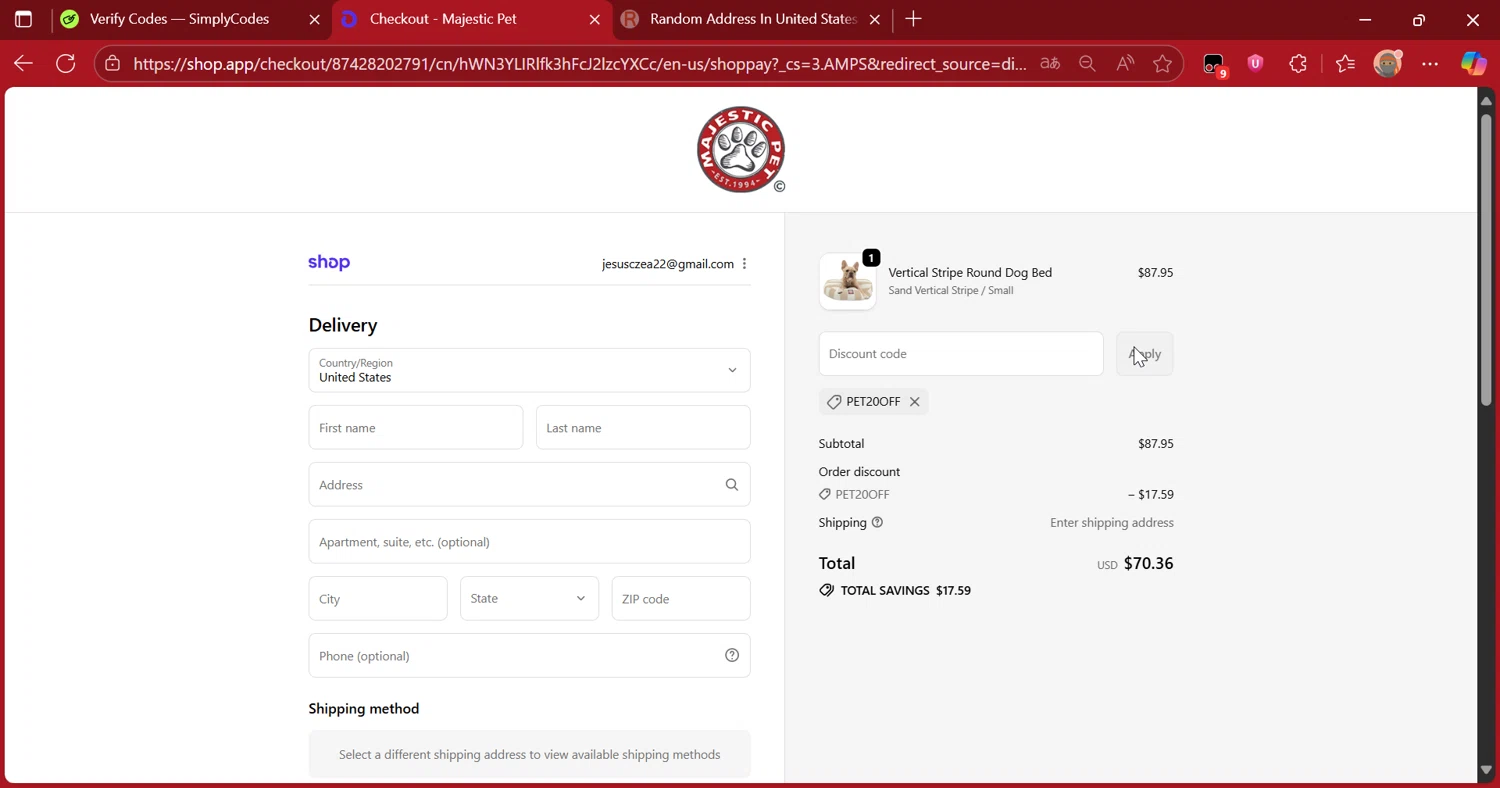 Majestic Pet coupon code screenshot showing code PET20OFF applied at Majestic Pet checkout page. Uploaded by SimplyCodes community member DiscountScout1417 on Sep 29, 2025