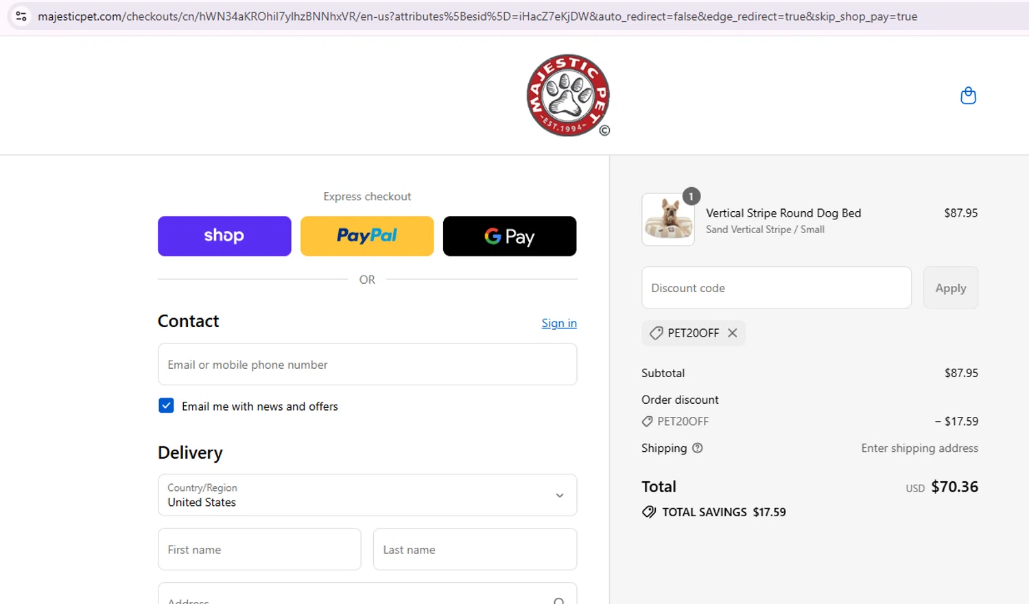 Majestic Pet coupon code screenshot showing code PET20OFF applied at Majestic Pet checkout page. Uploaded by SimplyCodes community member Samu10 on Sep 17, 2025