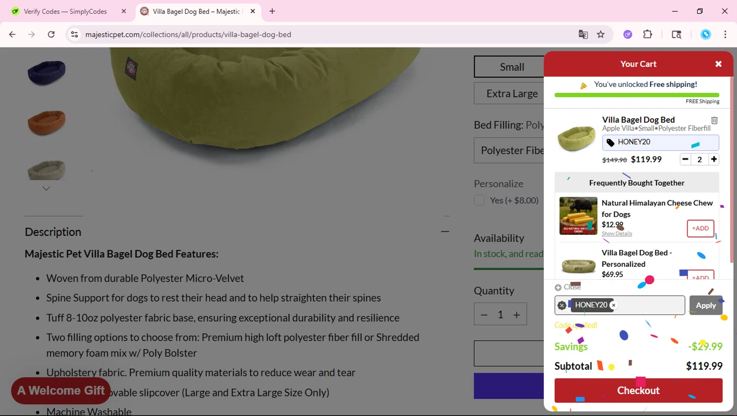 Majestic Pet coupon code screenshot showing code HONEY20 applied at Majestic Pet checkout page. Uploaded by SimplyCodes community member fabianmartinez on Dec 11, 2025