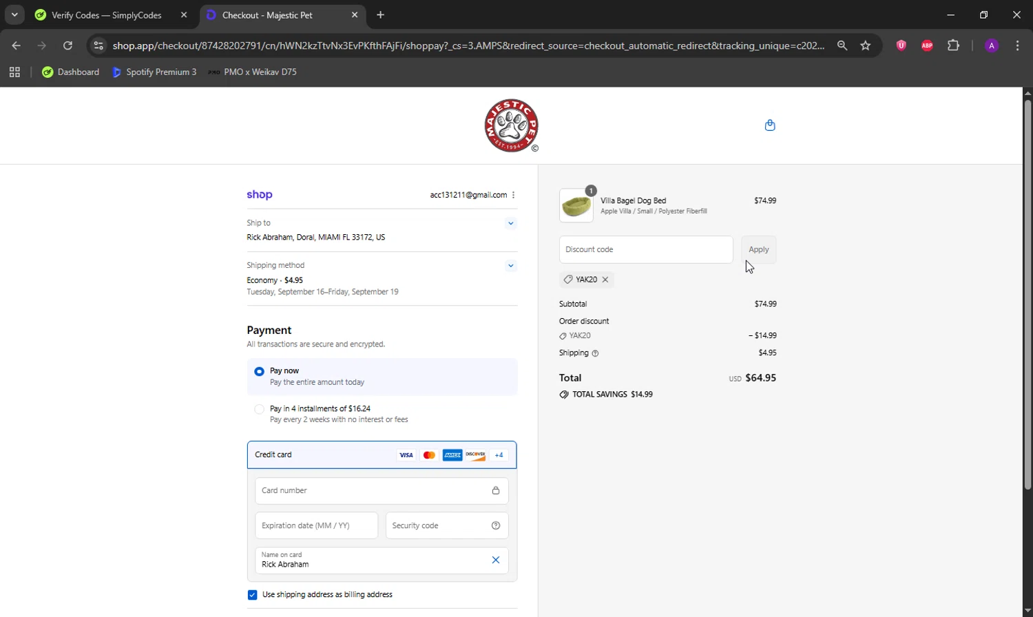 Majestic Pet coupon code screenshot showing code YAK20 applied at Majestic Pet checkout page. Uploaded by SimplyCodes community member DeathBone on Sep 8, 2025