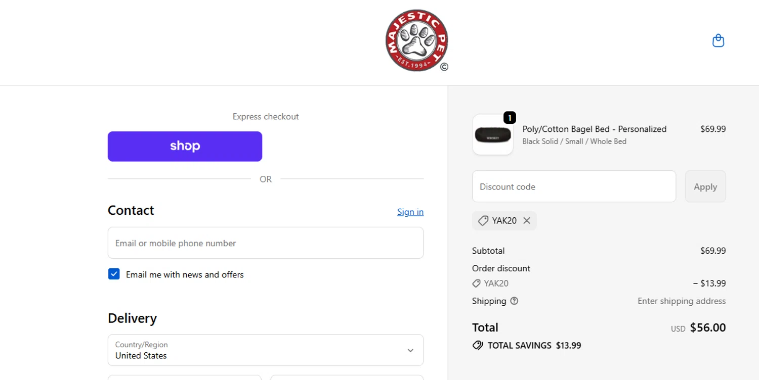 Majestic Pet coupon code screenshot showing code YAK20 applied at Majestic Pet checkout page. Uploaded by SimplyCodes community member Francisco on Oct 28, 2025