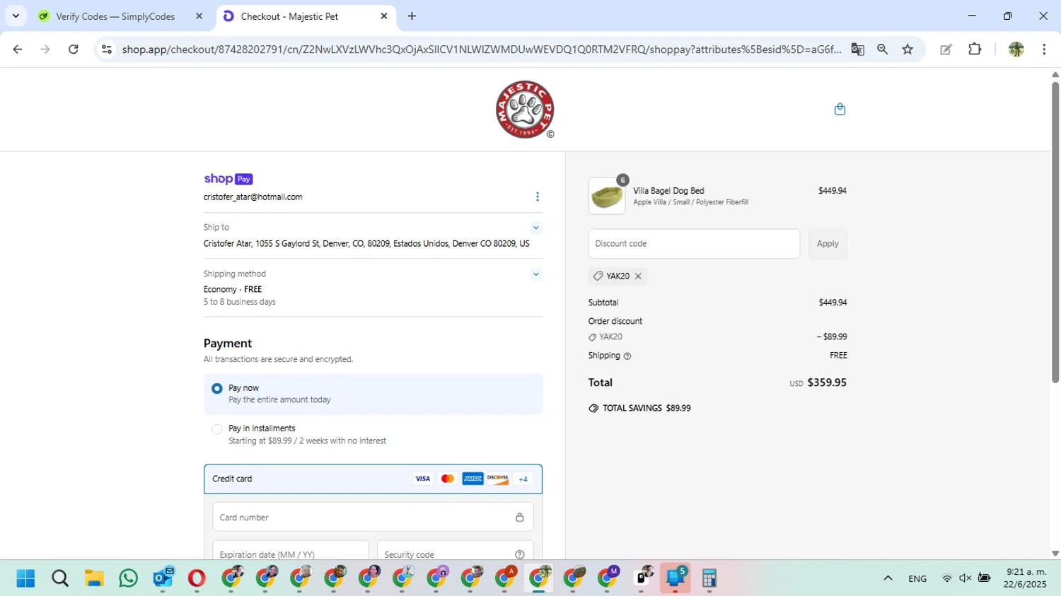 Majestic Pet coupon code screenshot showing code YAK20 applied at Majestic Pet checkout page. Uploaded by SimplyCodes community member FundoSinai on Jun 22, 2025
