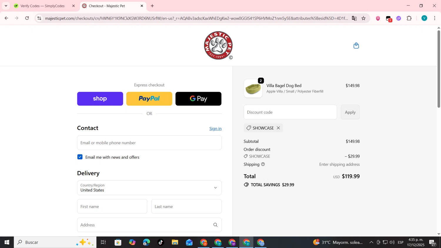 Majestic Pet coupon code screenshot showing code SHOWCASE applied at Majestic Pet checkout page. Uploaded by SimplyCodes community member lyffytaro on Dec 17, 2025