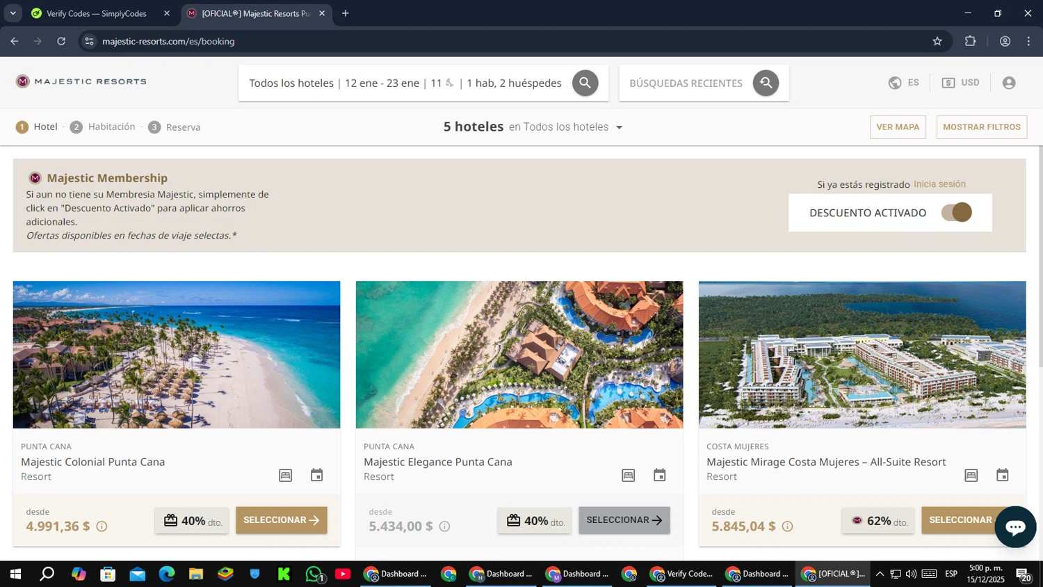 Majestic Resorts promo code screenshot showing code 5NOW applied at Majestic Resorts checkout page. Uploaded by SimplyCodes community member Cynoxx on Dec 15, 2025