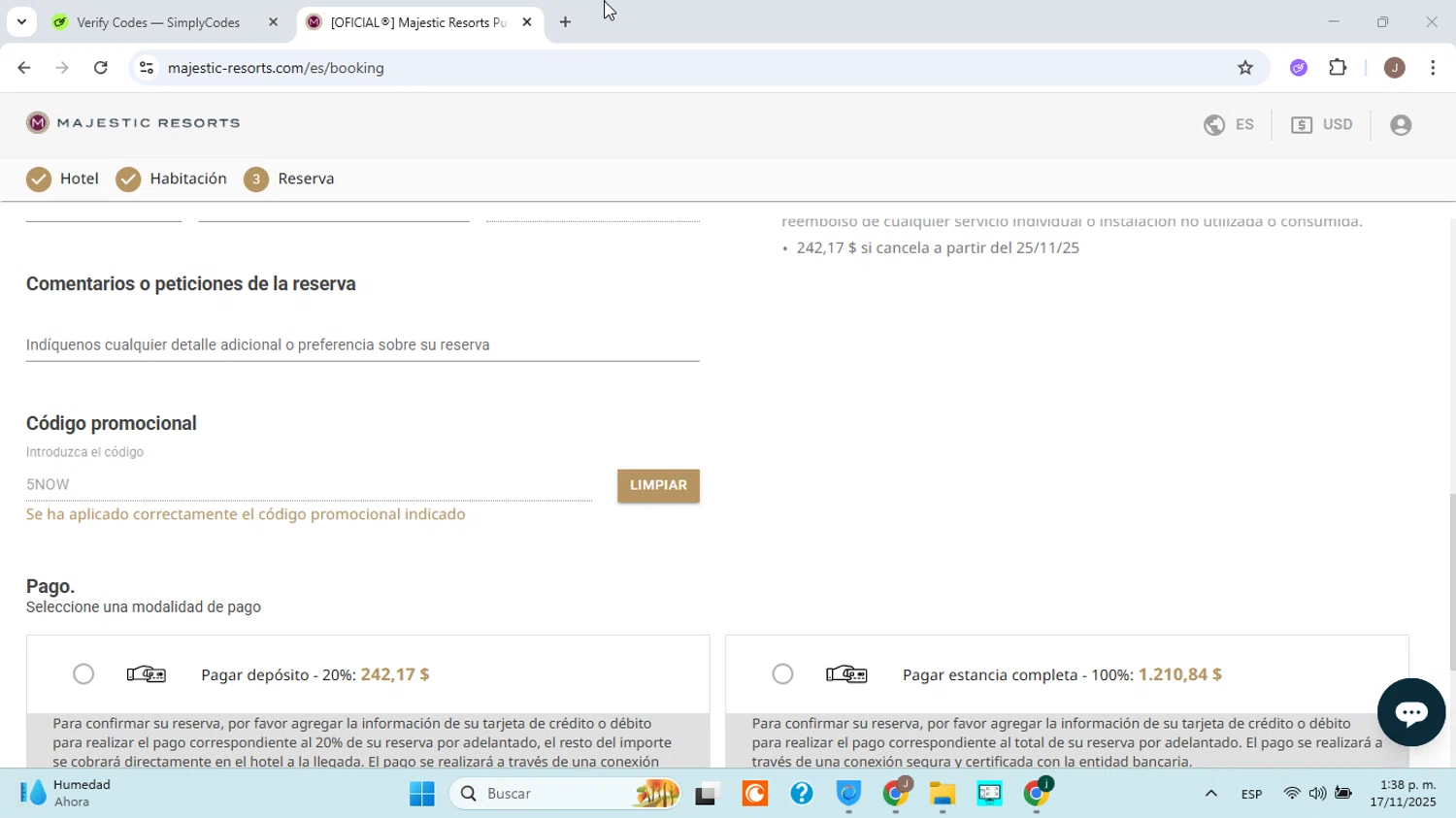 Majestic Resorts promo code screenshot showing code 5NOW applied at Majestic Resorts checkout page. Uploaded by SimplyCodes community member jorgejavierherrera on Nov 17, 2025