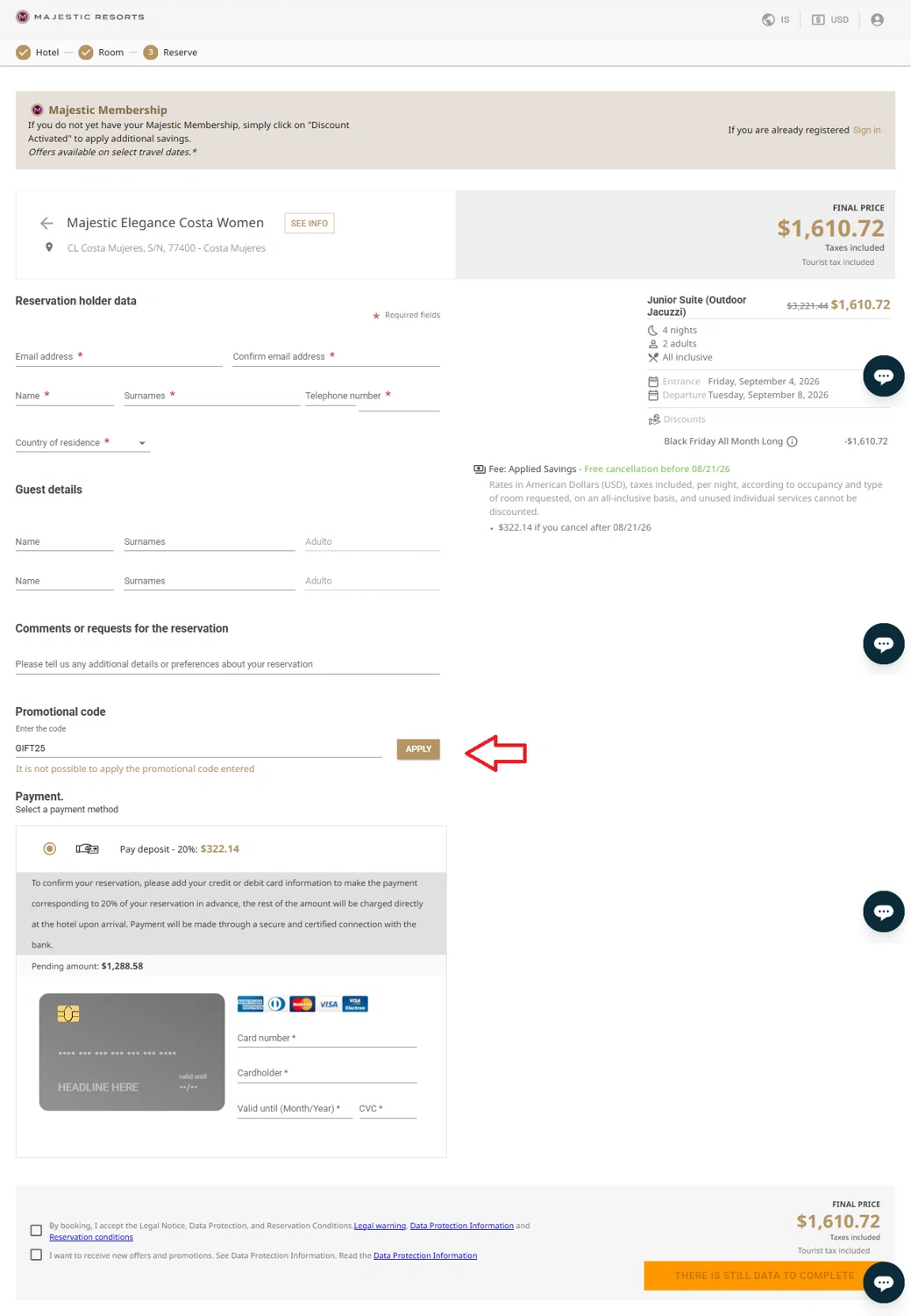 Majestic Resorts promo code screenshot showing code GIFT25 applied at Majestic Resorts checkout page. Uploaded by SimplyCodes community member JesusCaballero on Nov 15, 2025