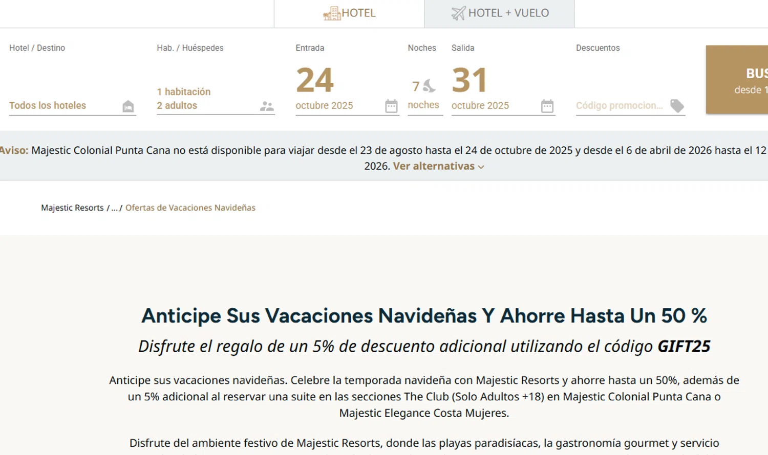 Majestic Resorts promo code screenshot showing code GIFT25 applied at Majestic Resorts checkout page. Uploaded by SimplyCodes community member Dejadepicharme on Oct 24, 2025