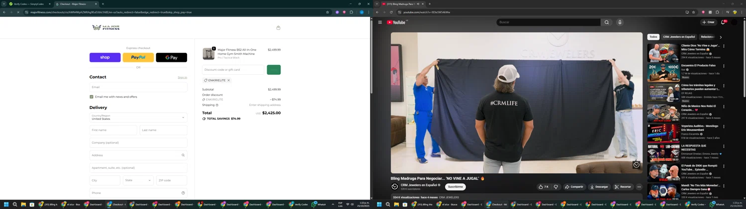 MAJOR FITNESS discount code screenshot showing code ENKIRIELITE applied at MAJOR FITNESS checkout page. Uploaded by SimplyCodes community member BargainGuardian280 on Oct 25, 2025