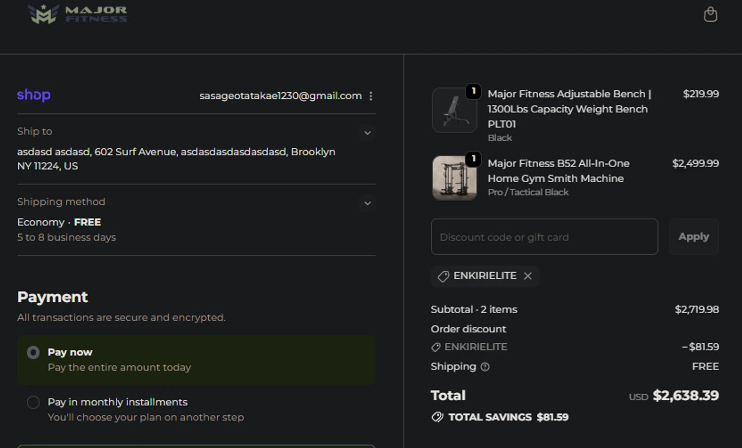 MAJOR FITNESS discount code screenshot showing code ENKIRIELITE applied at MAJOR FITNESS checkout page. Uploaded by SimplyCodes community member FIREINTHEHOLE on Dec 3, 2025