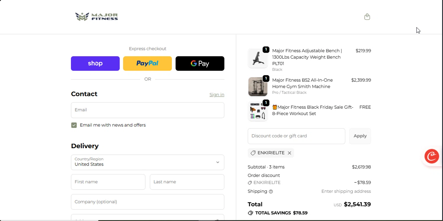 MAJOR FITNESS discount code screenshot showing code ENKIRIELITE applied at MAJOR FITNESS checkout page. Uploaded by SimplyCodes community member RebateSpotter2821 on Nov 27, 2025