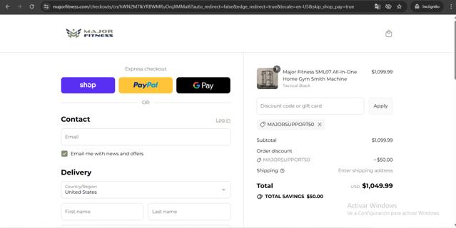 MAJOR FITNESS checkout page showing MAJOR FITNESS discount code box | Screenshot taken by SimplyCodes community member on Aug 29, 2025