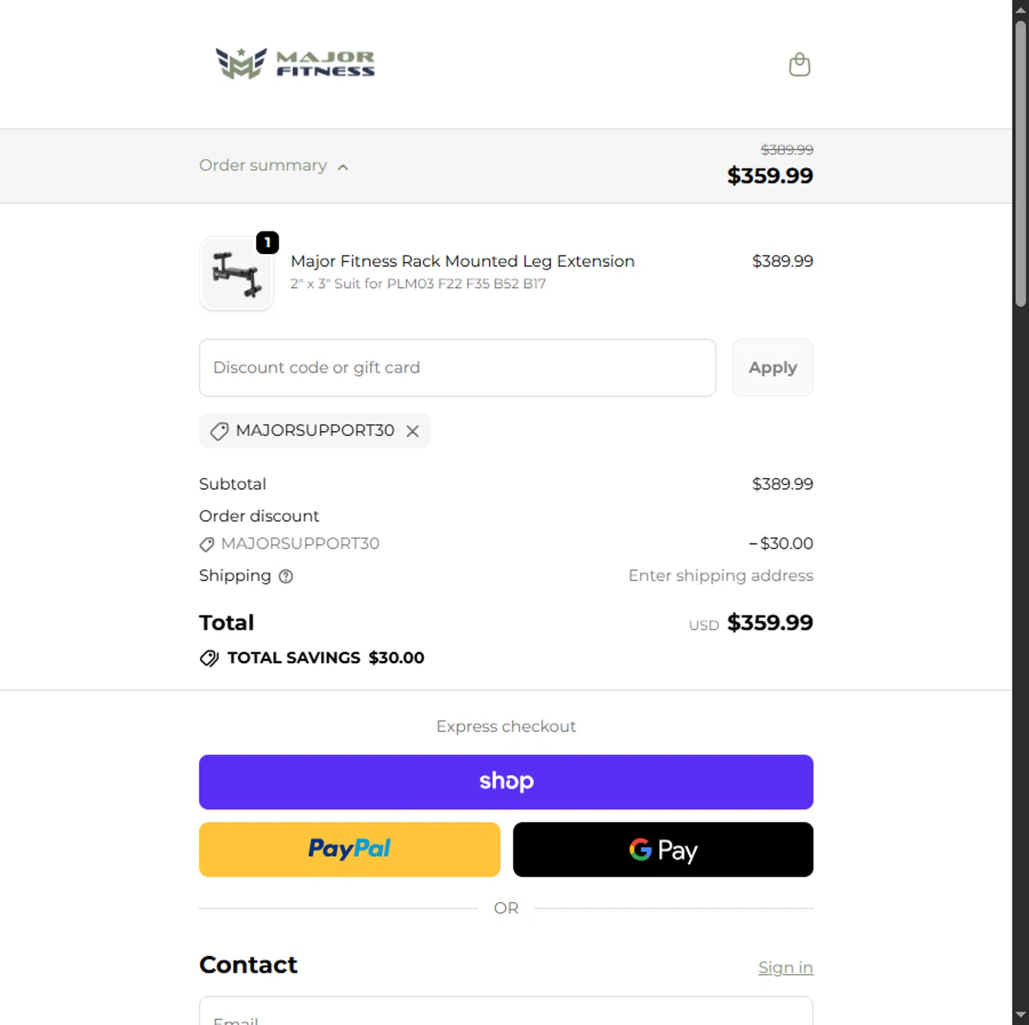 MAJOR FITNESS discount code screenshot showing code MAJORSUPPORT30 applied at MAJOR FITNESS checkout page. Uploaded by SimplyCodes community member Leannysv7lla on Oct 21, 2025