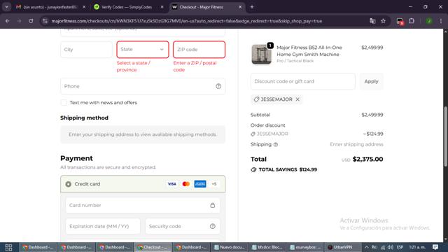 MAJOR FITNESS checkout page showing MAJOR FITNESS discount code box | Screenshot taken by SimplyCodes community member on Sep 23, 2025