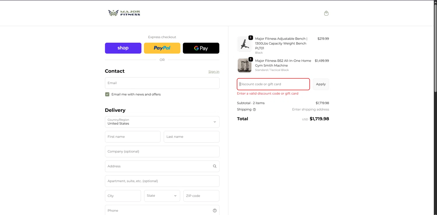 MAJOR FITNESS discount code screenshot showing code MAJORB17 applied at MAJOR FITNESS checkout page. Uploaded by SimplyCodes community member ScanSpotter1700 on Dec 3, 2025