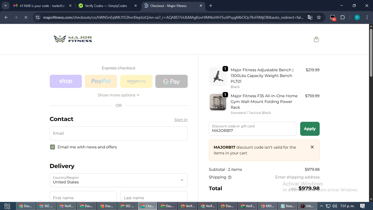 MAJOR FITNESS discount code screenshot showing code MAJORB17 applied at MAJOR FITNESS checkout page. Uploaded by SimplyCodes community member ShrewdTitan3233 on Nov 27, 2025