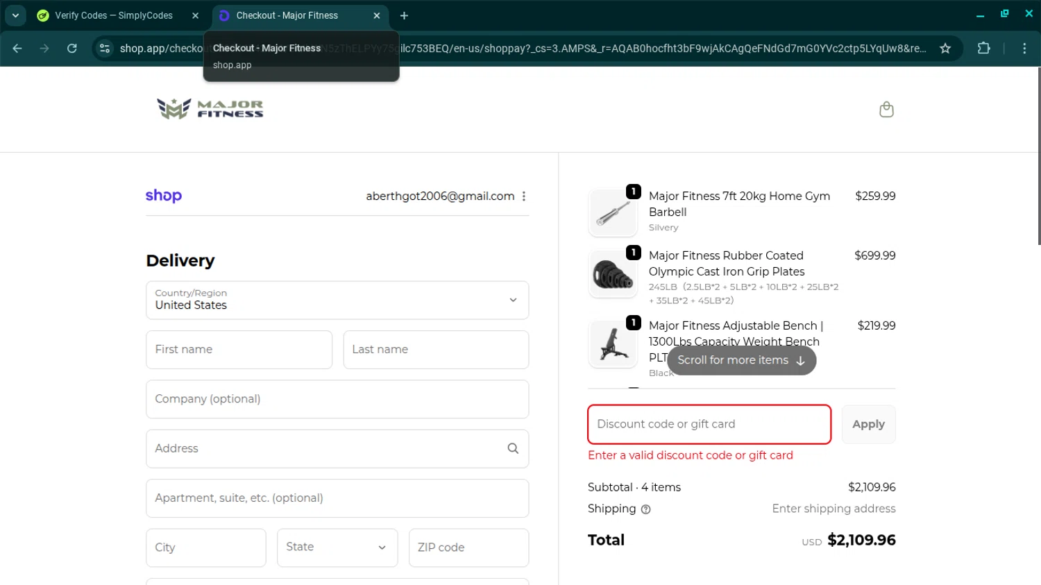 MAJOR FITNESS discount code screenshot showing code MAJORB17 applied at MAJOR FITNESS checkout page. Uploaded by SimplyCodes community member SwiftSage2309 on Dec 3, 2025