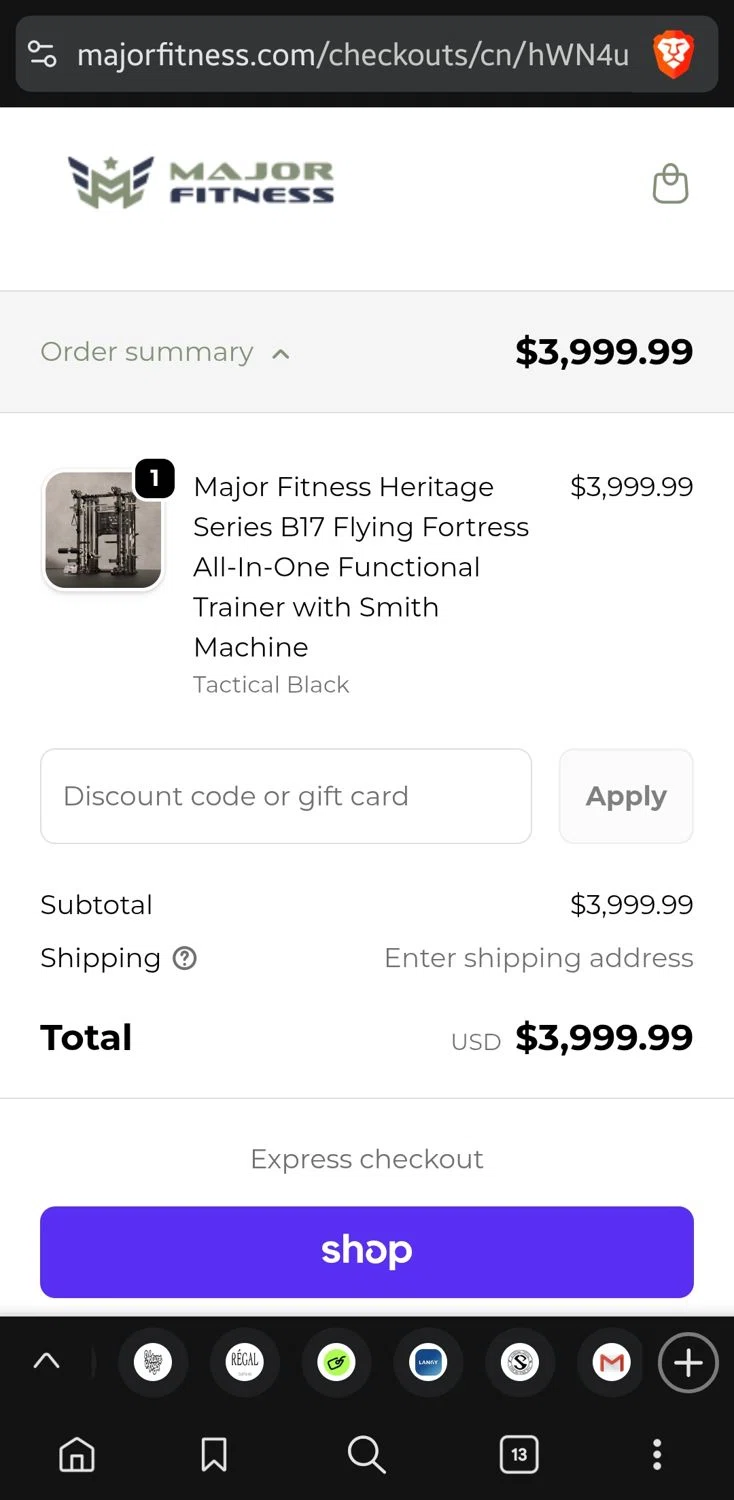 MAJOR FITNESS discount code screenshot showing code 325BFR2NG5 applied at MAJOR FITNESS checkout page. Uploaded by SimplyCodes community member GoldLynx7797 on Nov 4, 2025