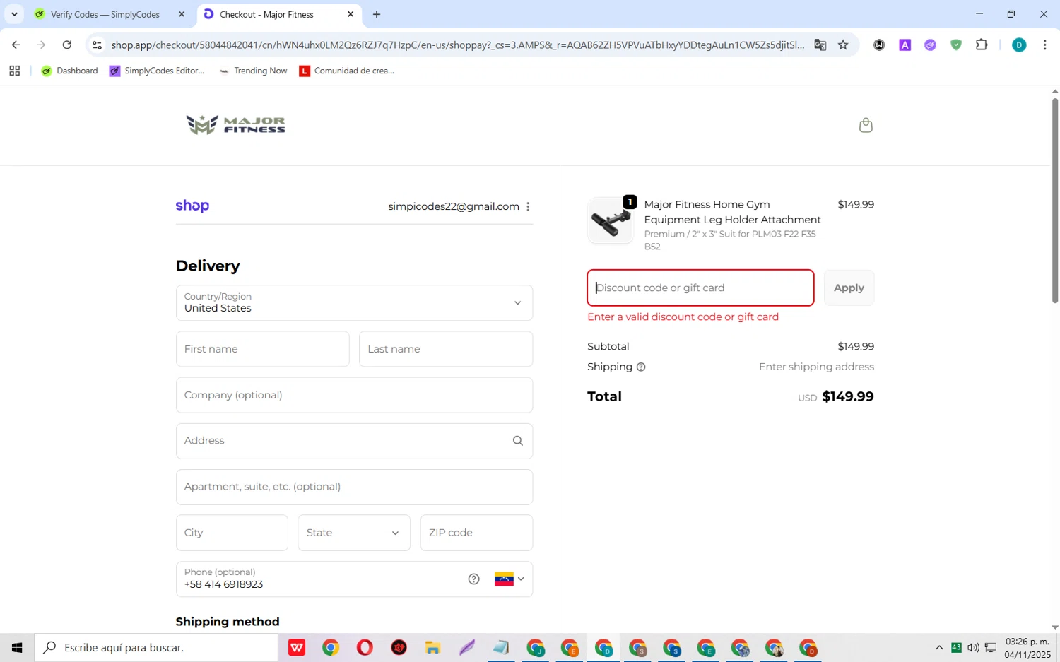 MAJOR FITNESS discount code screenshot showing code 325BFR2NG5 applied at MAJOR FITNESS checkout page. Uploaded by SimplyCodes community member MagnificentCollector5368 on Nov 4, 2025