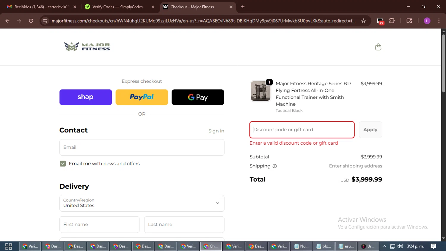MAJOR FITNESS discount code screenshot showing code 325BFR2NG5 applied at MAJOR FITNESS checkout page. Uploaded by SimplyCodes community member RewardScout5160 on Nov 4, 2025