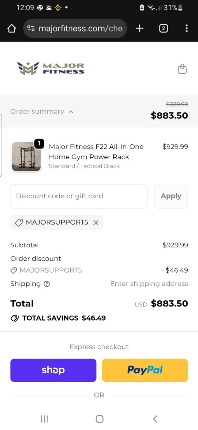 MAJOR FITNESS discount code screenshot showing code MAJORSUPPORT5 applied at MAJOR FITNESS checkout page. Uploaded by SimplyCodes community member RebateSpotter2821 on Nov 28, 2025