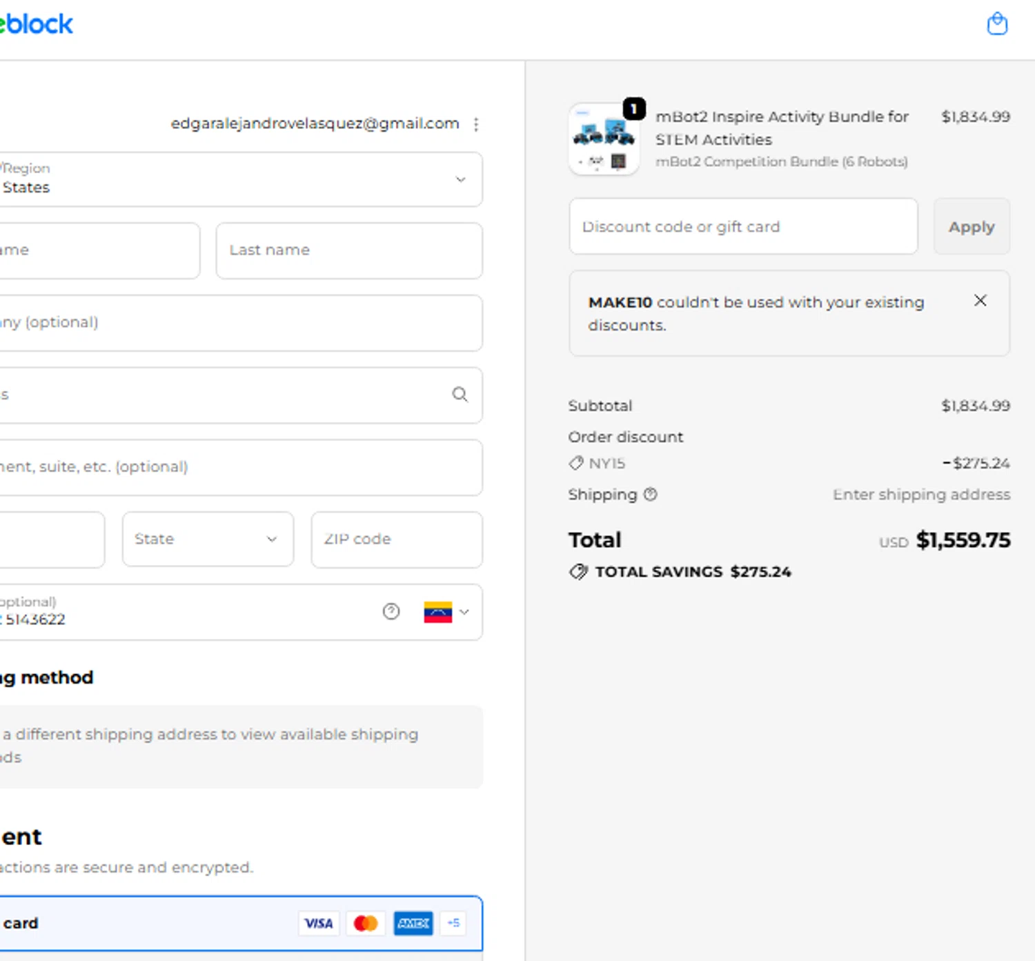 Makeblock promo code screenshot showing code make10 applied at Makeblock checkout page. Uploaded by SimplyCodes community member ValiantLion5897 on Jun 2, 2026