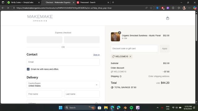 MakeMake Organics checkout page showing MakeMake Organics coupon code box | Screenshot taken by SimplyCodes community member on Sep 16, 2025