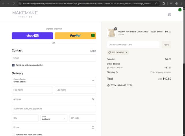 MakeMake Organics checkout page showing MakeMake Organics coupon code box | Screenshot taken by SimplyCodes community member on May 7, 2025