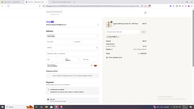 MakeMake Organics checkout page showing MakeMake Organics coupon code box | Screenshot taken by SimplyCodes community member on May 7, 2025