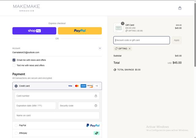 MakeMake Organics checkout page showing MakeMake Organics coupon code box | Screenshot taken by SimplyCodes community member on Mar 14, 2025
