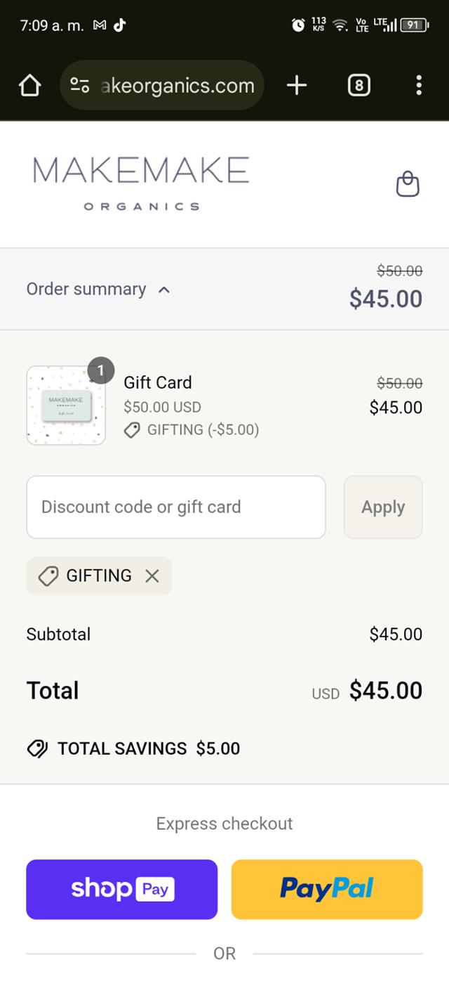 MakeMake Organics checkout page showing MakeMake Organics coupon code box | Screenshot taken by SimplyCodes community member on Mar 14, 2025