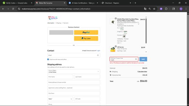 Make Me Surprise checkout page showing Make Me Surprise coupon code box | Screenshot taken by SimplyCodes community member on Aug 29, 2025