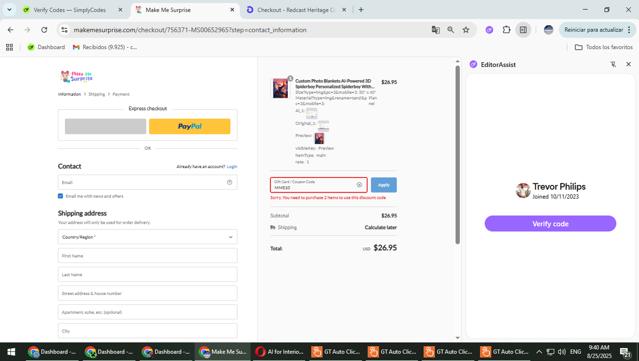 Make Me Surprise checkout page showing Make Me Surprise coupon code box | Screenshot taken by SimplyCodes community member on Aug 25, 2025