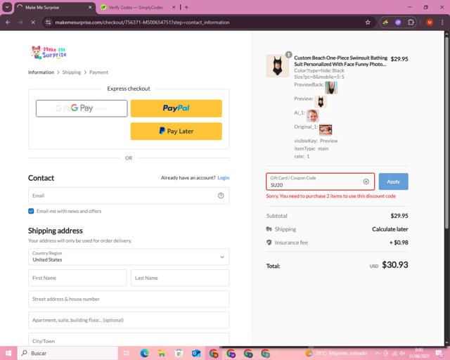 Make Me Surprise checkout page showing Make Me Surprise coupon code box | Screenshot taken by SimplyCodes community member on Aug 31, 2025