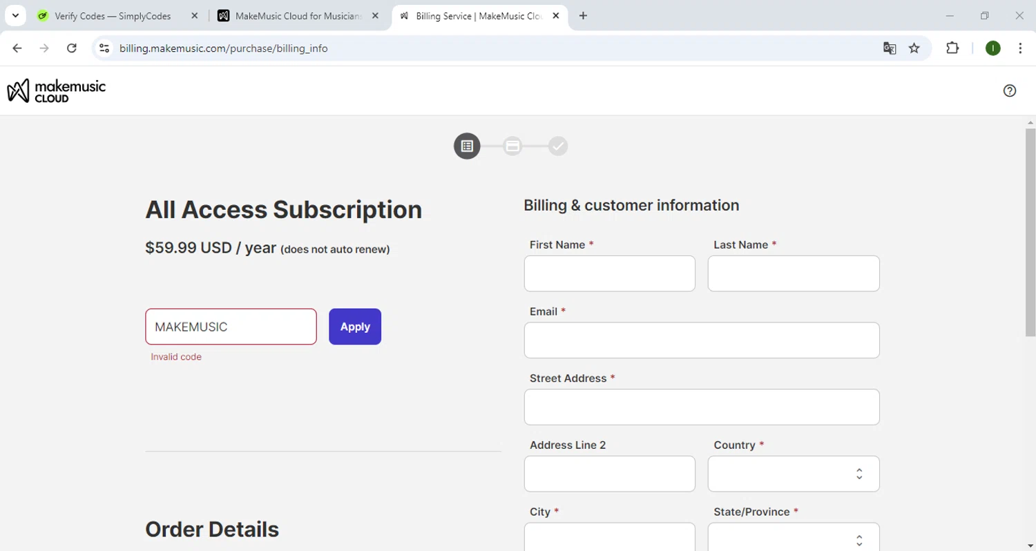 MakeMusic promo code screenshot showing code MAKEMUSIC applied at MakeMusic checkout page. Uploaded by SimplyCodes community member CleverWizard1317 on Dec 28, 2024
