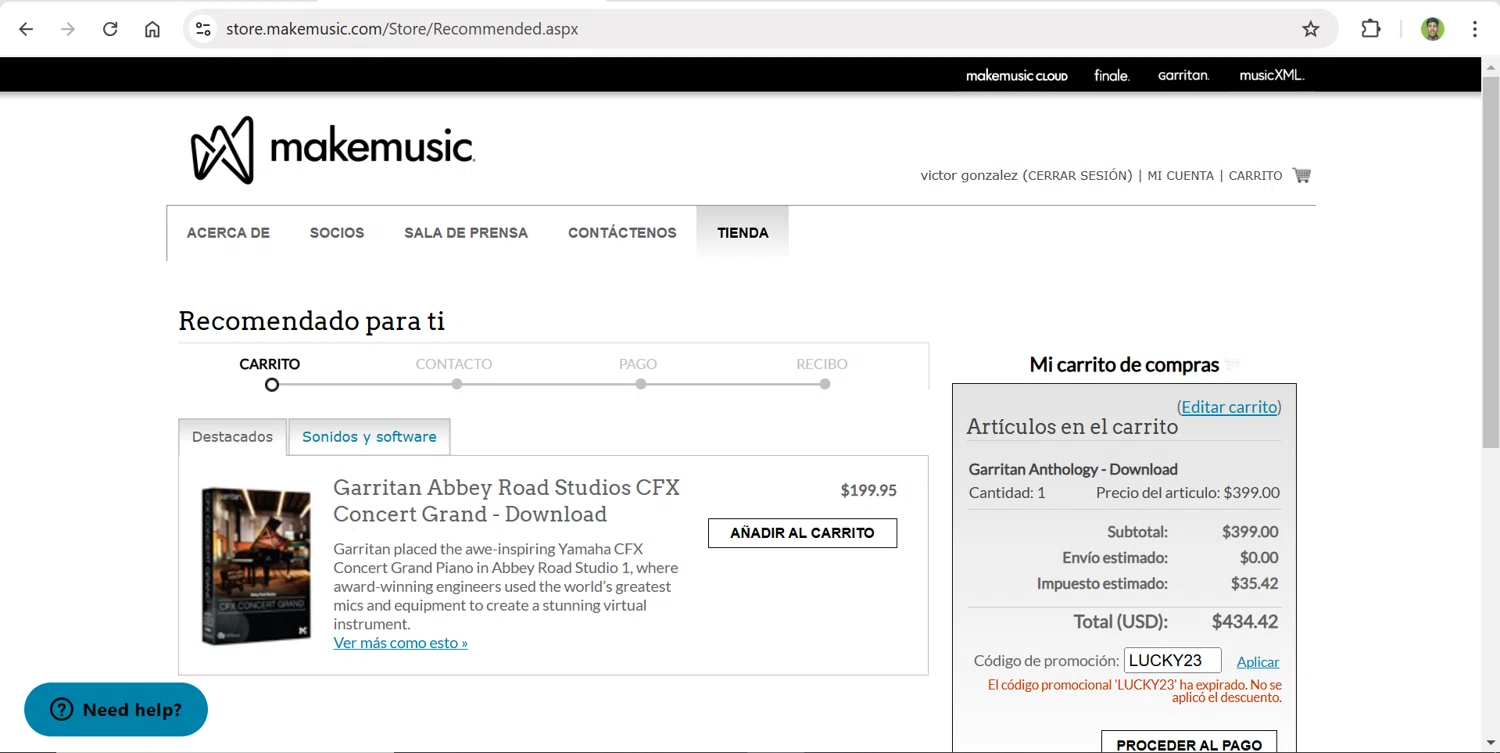 MakeMusic promo code screenshot showing code LUCKY23 applied at MakeMusic checkout page. Uploaded by SimplyCodes community member CleverPilot4885 on Feb 19, 2025