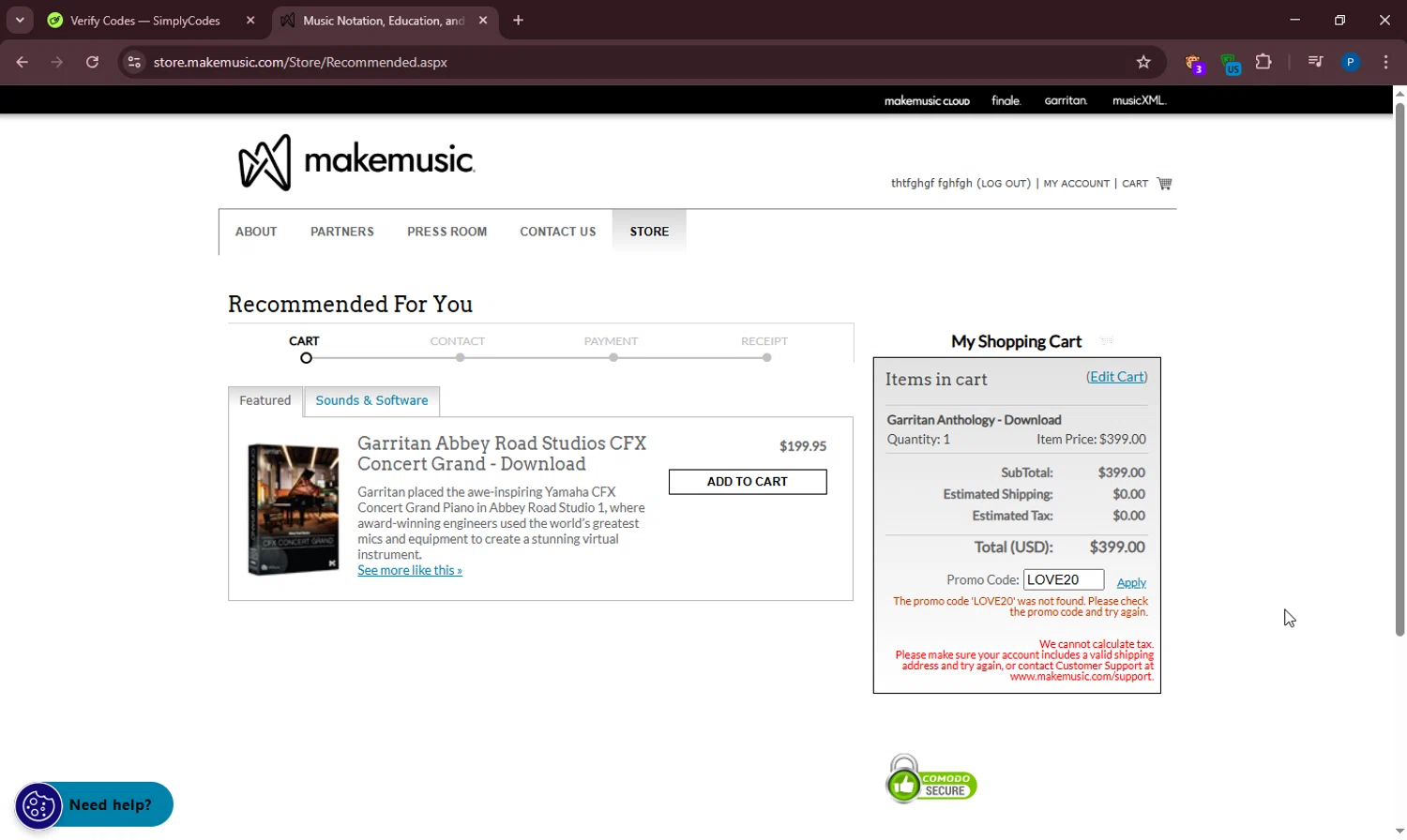 MakeMusic promo code screenshot showing code LOVE20 applied at MakeMusic checkout page. Uploaded by SimplyCodes community member PennyOwl696 on Mar 12, 2025