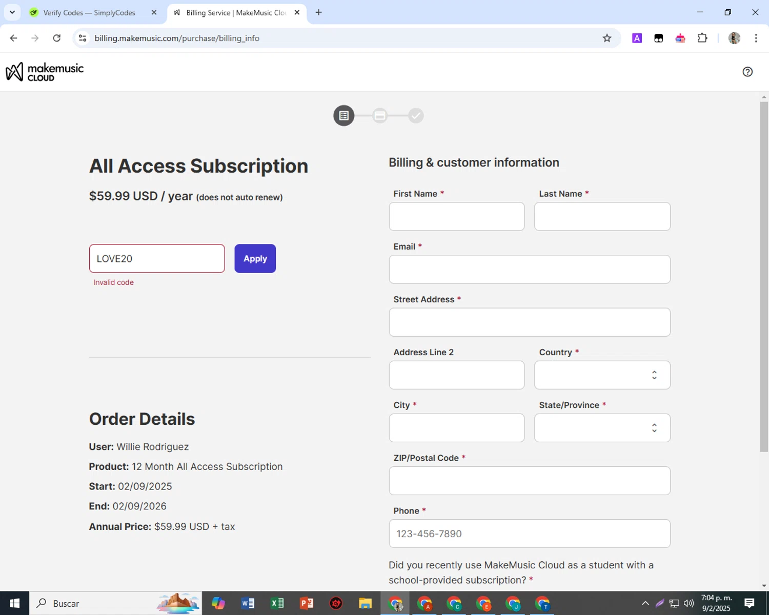 MakeMusic promo code screenshot showing code LOVE20 applied at MakeMusic checkout page. Uploaded by SimplyCodes community member SwiftScout6682 on Feb 9, 2025