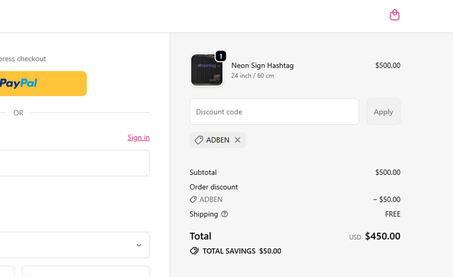 Make Neon Sign promo code screenshot showing code ADBEN applied at Make Neon Sign checkout page. Uploaded by SimplyCodes community member Loki_Odinson on May 26, 2026