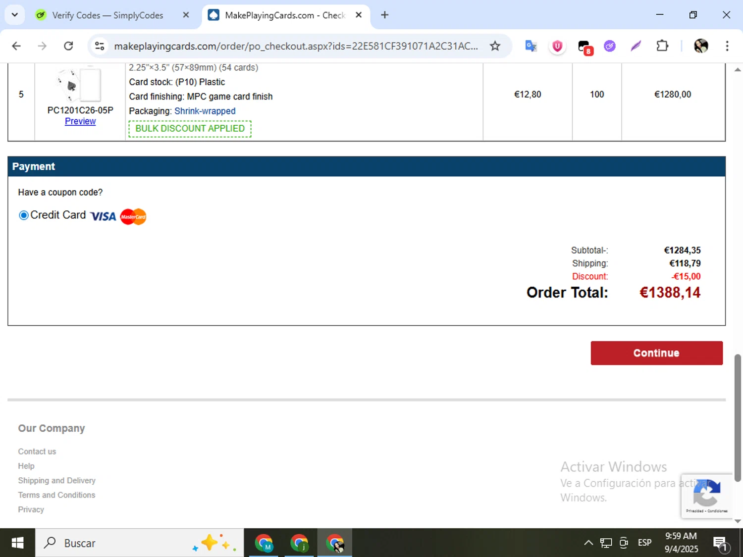 Make Playing Cards coupon code screenshot showing code 15dpurchase applied at Make Playing Cards checkout page. Uploaded by SimplyCodes community member mariapolancog on Sep 4, 2025