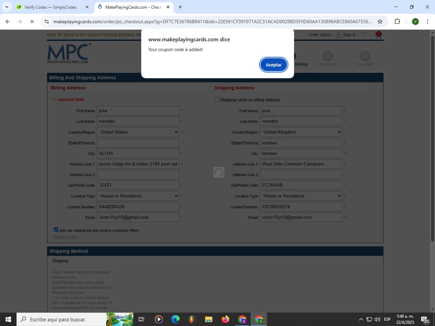 Make Playing Cards coupon code screenshot showing code WFPN9VGDEQ applied at Make Playing Cards checkout page. Uploaded by SimplyCodes community member PrimeWizard4168 on Jun 22, 2025