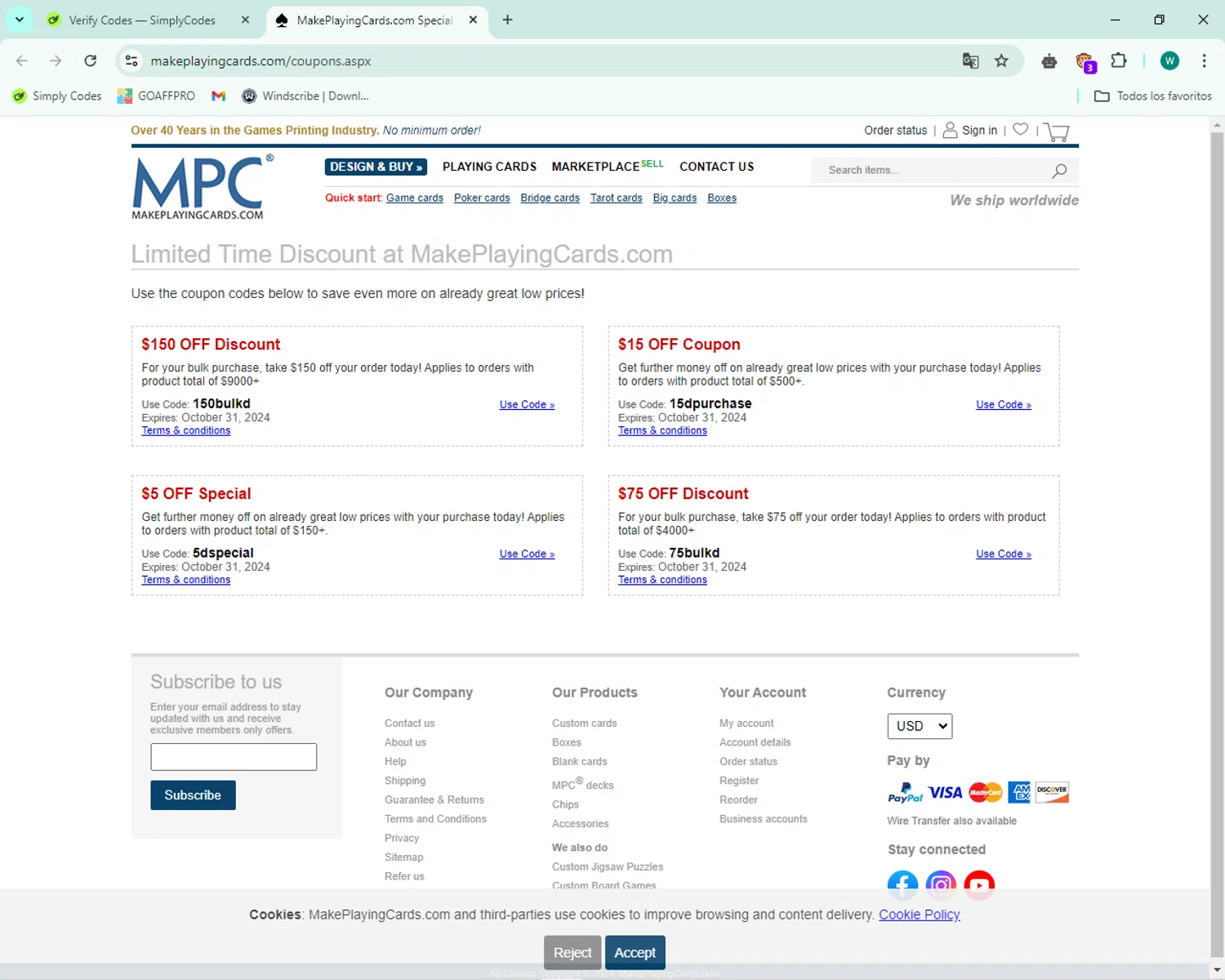 Make Playing Cards checkout page showing Make Playing Cards coupon code box | Screenshot taken by SimplyCodes community member on Oct 20, 2024