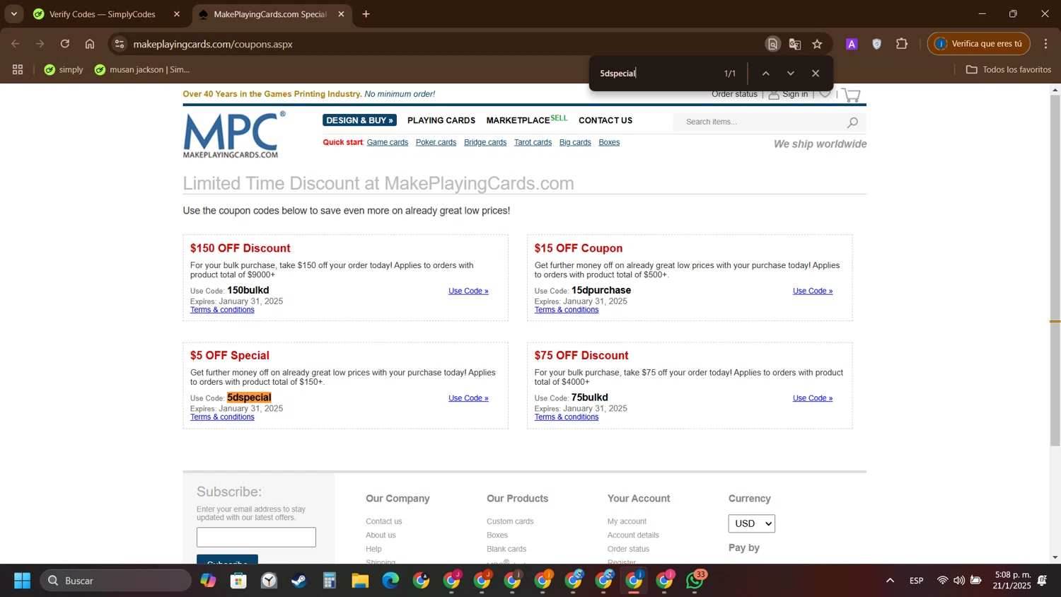 Make Playing Cards coupon code screenshot showing code 5dspecial applied at Make Playing Cards checkout page. Uploaded by SimplyCodes community member yameteqdasai on Jan 21, 2025