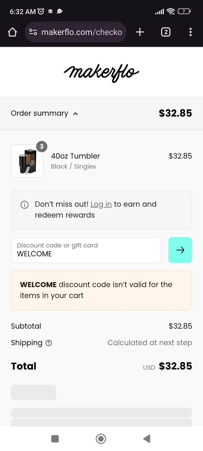 MakerFlo Crafts discount code screenshot showing code WELCOME applied at MakerFlo Crafts checkout page. Uploaded by SimplyCodes community member JulesCrnel on Jun 19, 2025