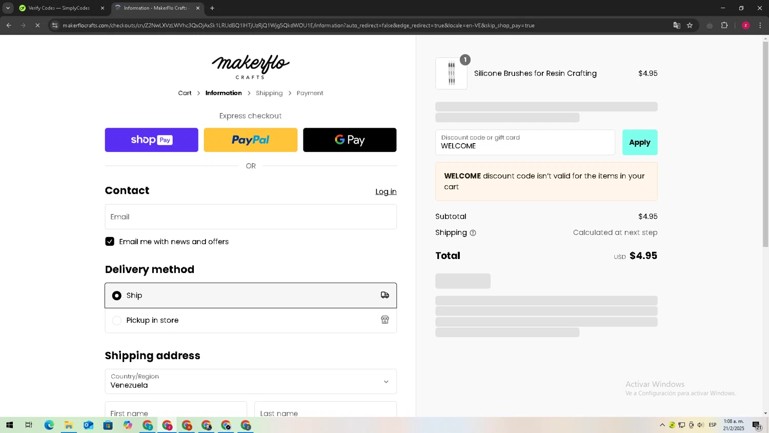 MakerFlo Crafts discount code screenshot showing code WELCOME applied at MakerFlo Crafts checkout page. Uploaded by SimplyCodes community member TreasureTitan9744 on Feb 21, 2025