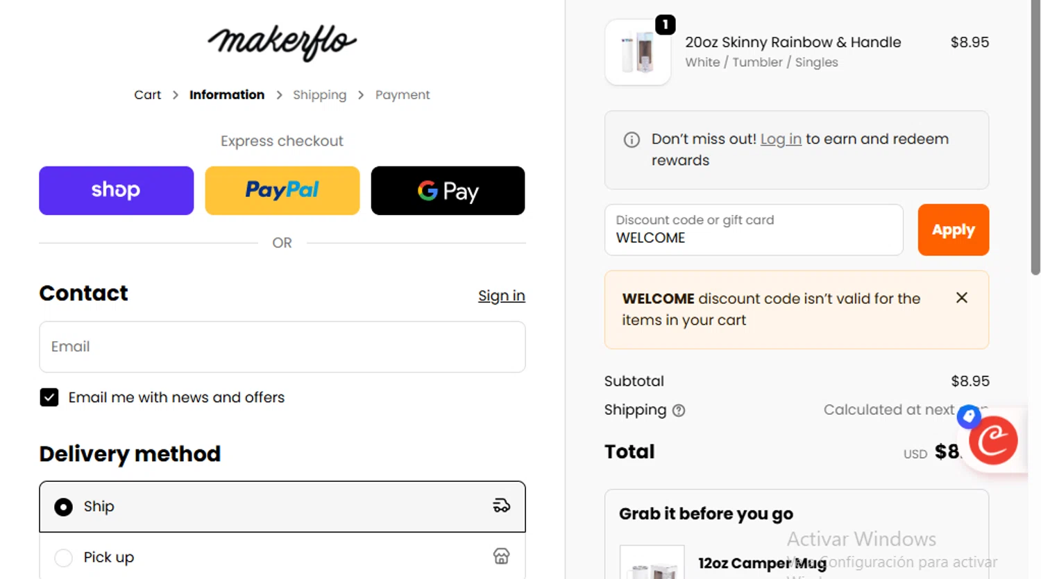 MakerFlo Crafts discount code screenshot showing code WELCOME applied at MakerFlo Crafts checkout page. Uploaded by SimplyCodes community member cachetegomez on Oct 4, 2025